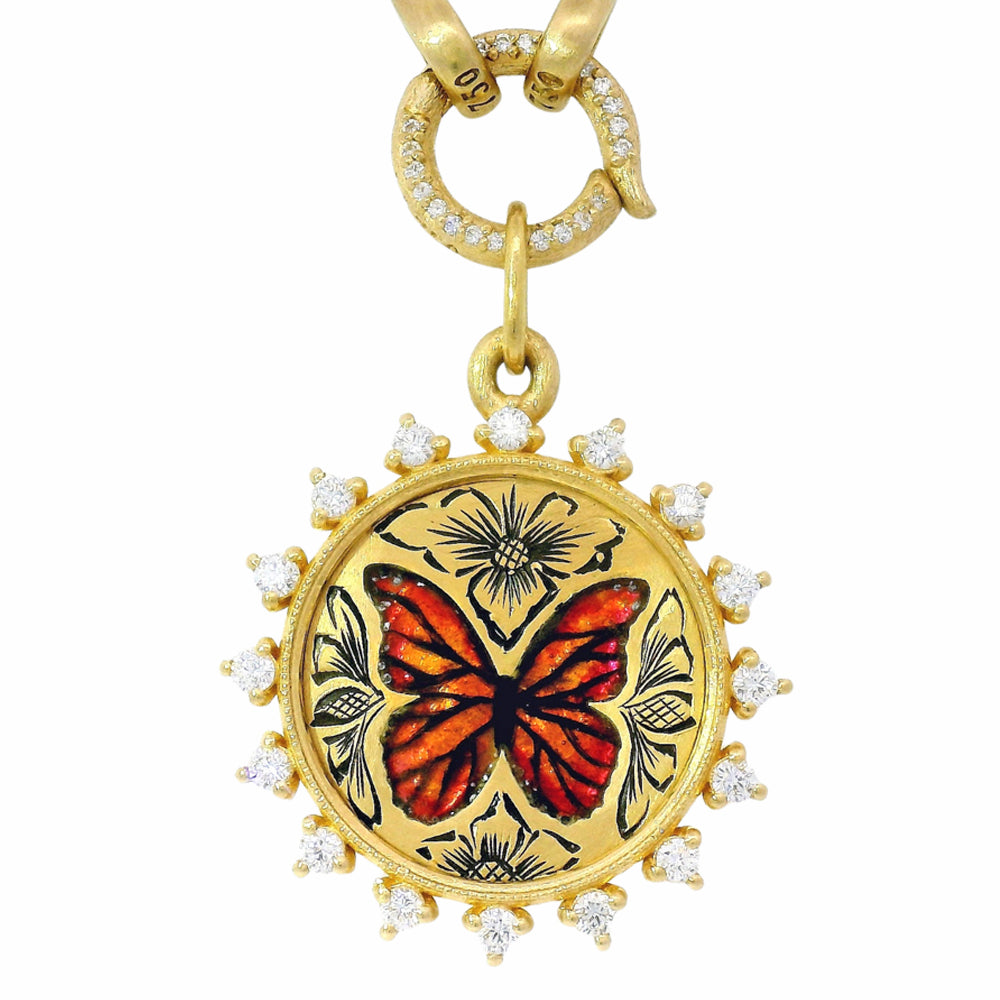 Gold Pendant With Enamel & Diamonds - "Farfalla"