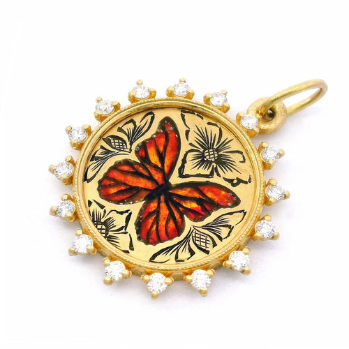 Gold Pendant With Enamel & Diamonds - "Farfalla"