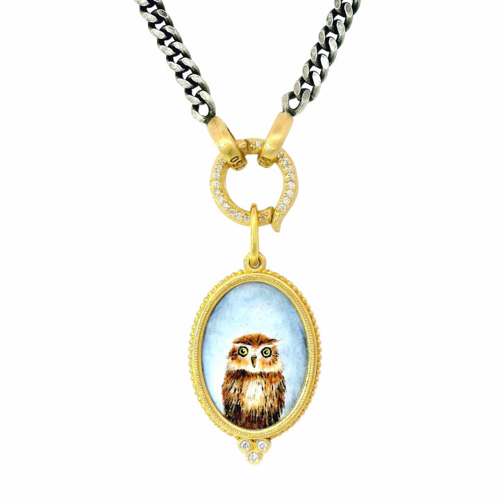 Vitreous Enamel & Diamond Gold Charm Pendant - "Baby Hoot Owl"