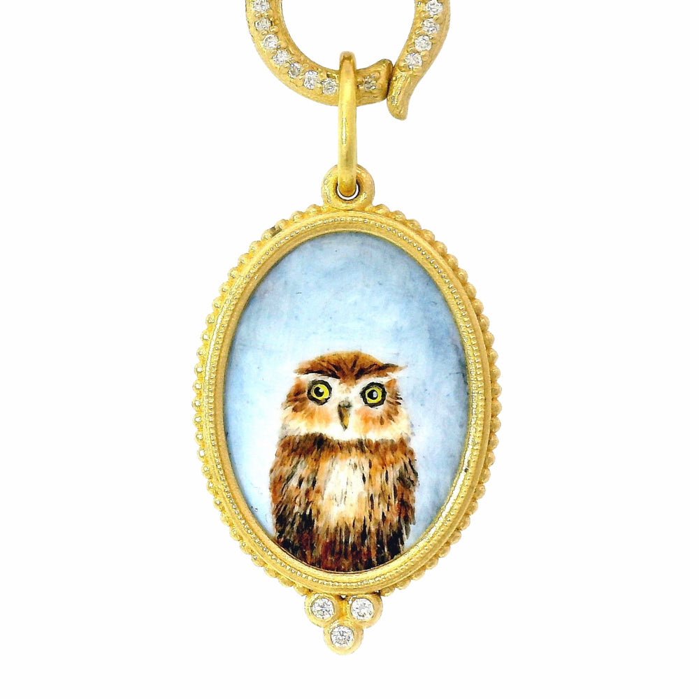 Vitreous Enamel & Diamond Gold Charm Pendant - "Baby Hoot Owl"