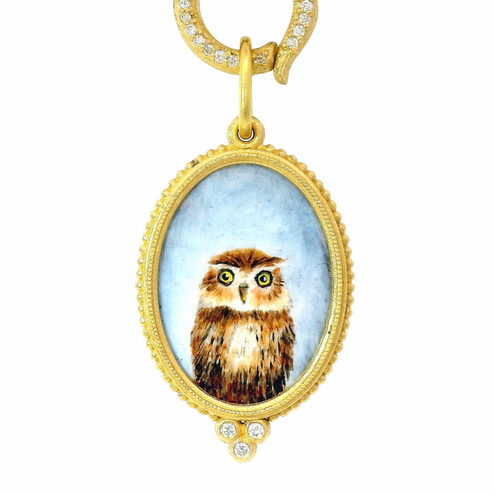 Vitreous Enamel & Diamond Gold Charm Pendant - "Baby Hoot Owl"