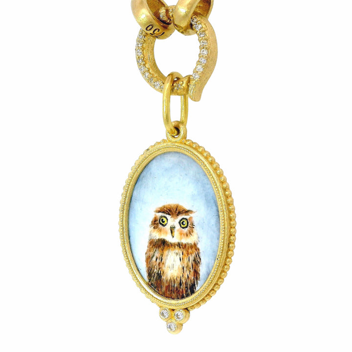 Vitreous Enamel & Diamond Gold Charm Pendant - "Baby Hoot Owl"