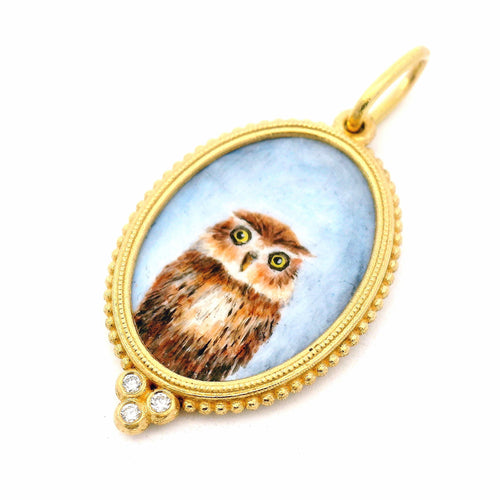 Vitreous Enamel Diamond Pendant - "Baby Hoot Owl"