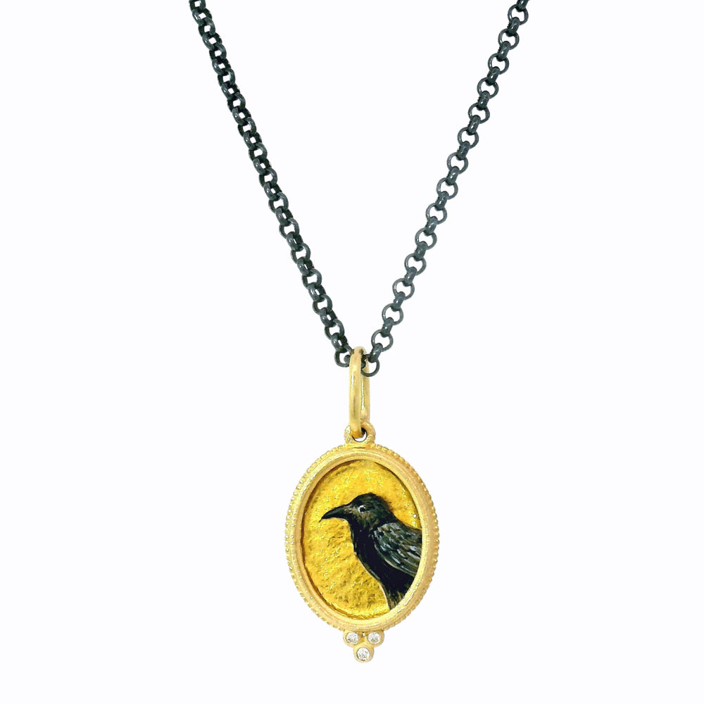 Vitreous Enamel, Gold Foil & Diamond Charm Pendant - "Raven"