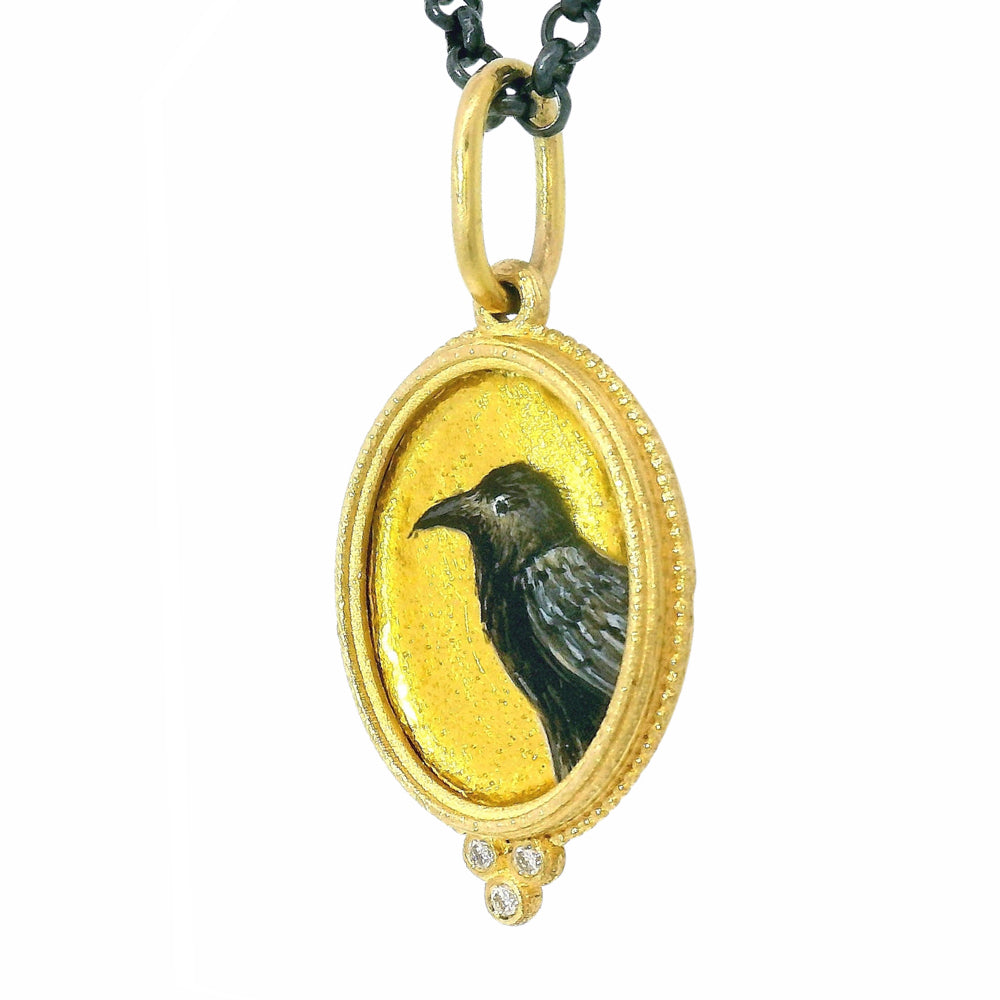 Vitreous Enamel, Gold Foil & Diamond Charm Pendant - "Raven"