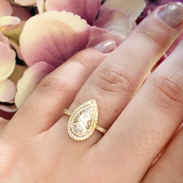 Yellow Gold & Pear Rose-Cut Diamond Engagement Ring - "Virginia Halo"