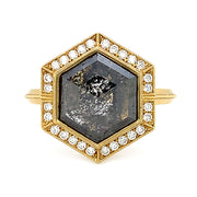 Hexagon Salt and Pepper Diamond Ring - "Agatha Halo"