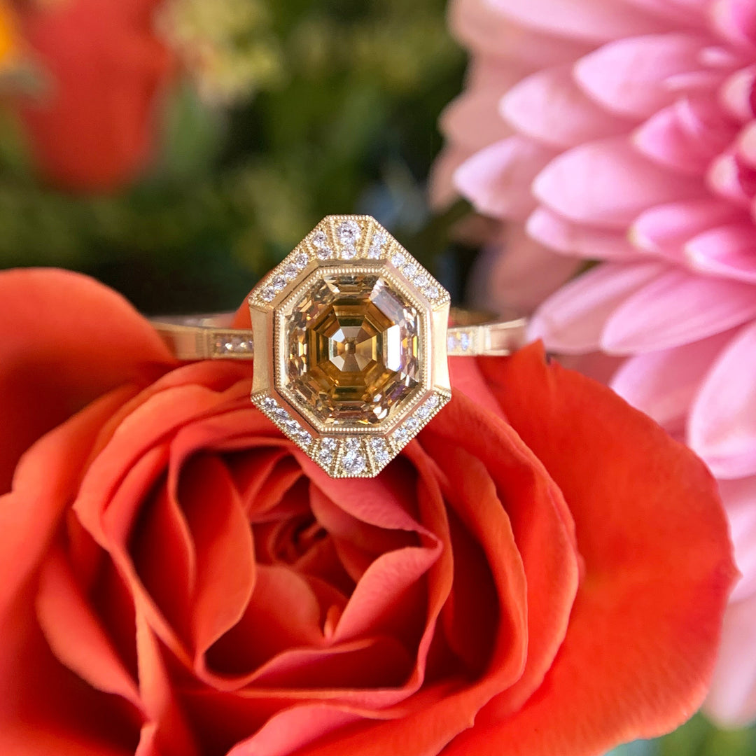 Modified Octagonal Step Cut Diamond Engagement Ring - "Georgia Halo"