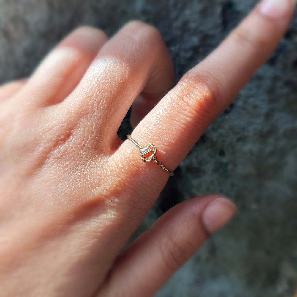 Dainty Diamond Baguette & Yellow Gold Ring - "Brushed Glimmer"