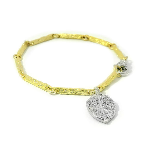 Gold Branch Link Bracelet with Diamond Leaf - "Aspen Pavé"