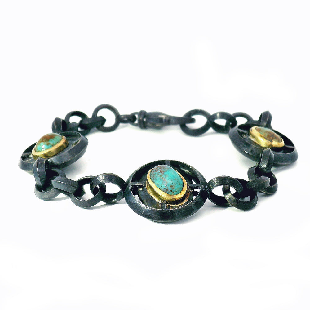 Three Rounds turquoise bracelet in oxidized sterling silver and gold