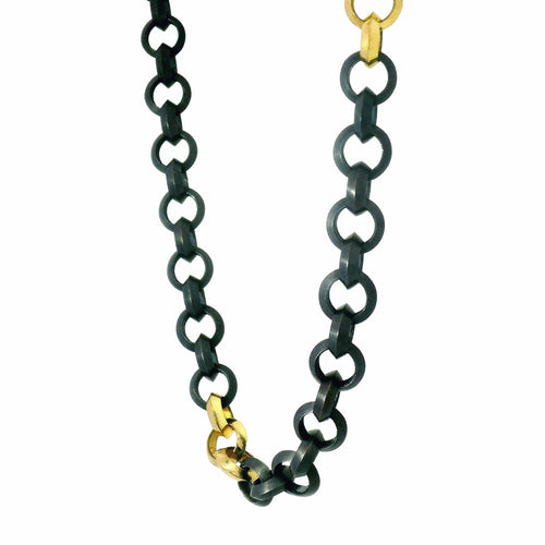 Oxidized Sterling Silver and Gold Link Chain Necklace - "Three Strikes"