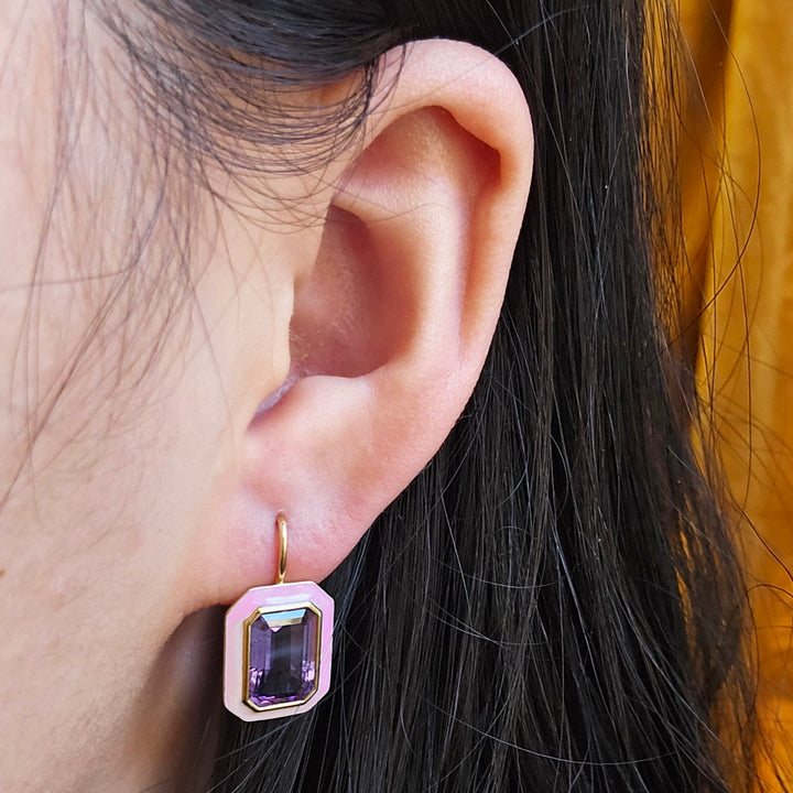 Amethyst, Enamel & Gold Drop Earrings - "Queen"