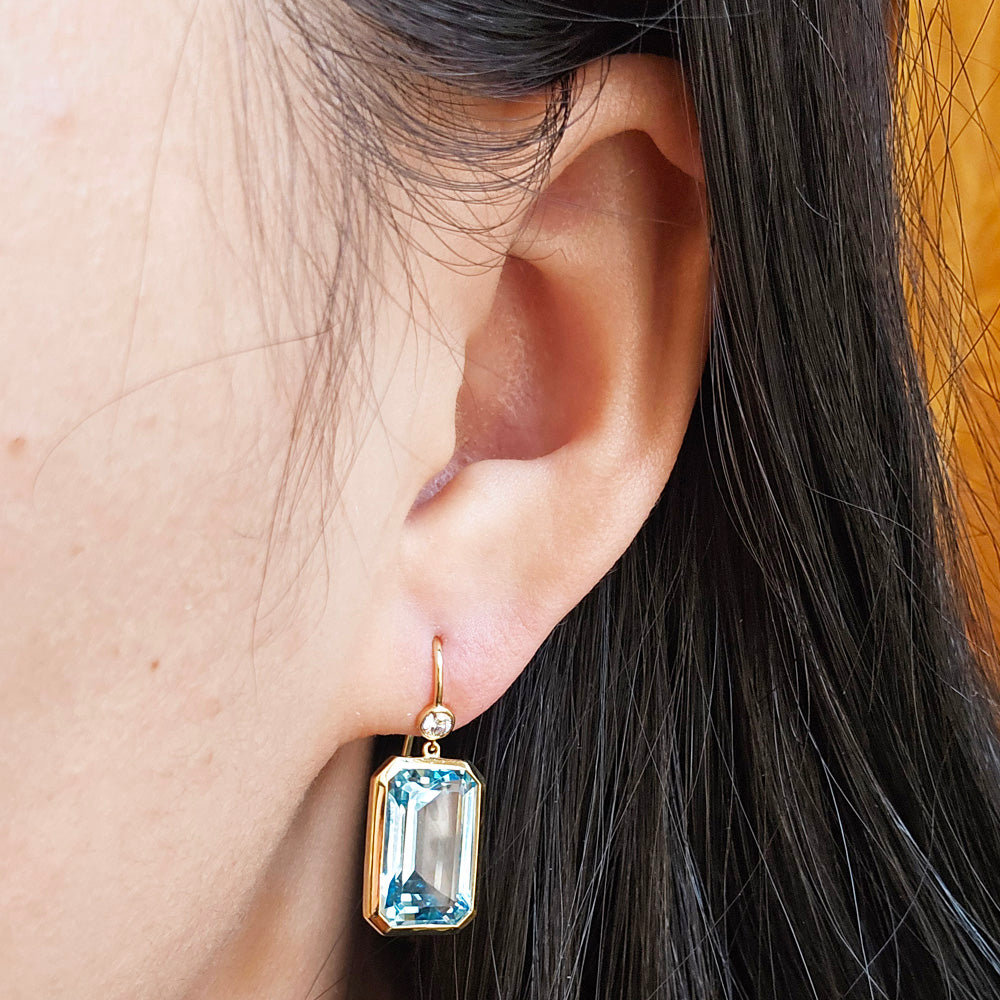 Blue Topaz, Diamond & Gold Drop Earrings - "Gossip"