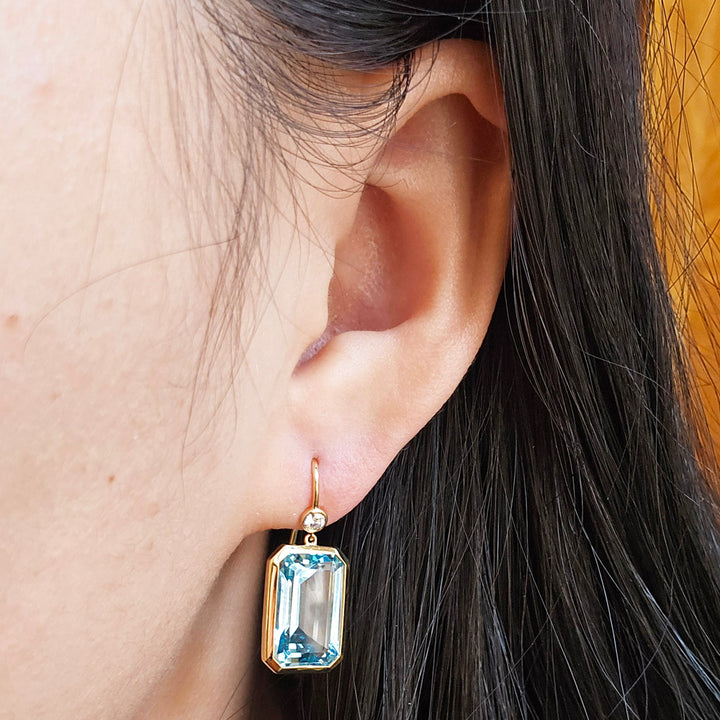 Blue Topaz, Diamond & Gold Drop Earrings - "Gossip"