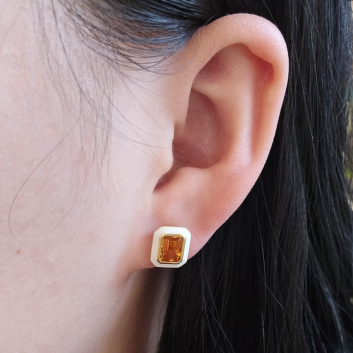 Emerald Cut Citrine & Enamel Stud Earrings - "Queen"