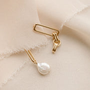 Yellow Gold Plated Asymmetrical Paperclip and Pearl Earrings - "Hope Asymmetrical"