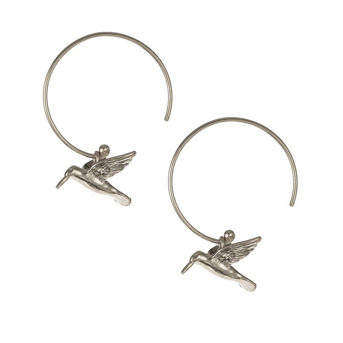 Sterling silver hoops with detailed hummingbird charm detail