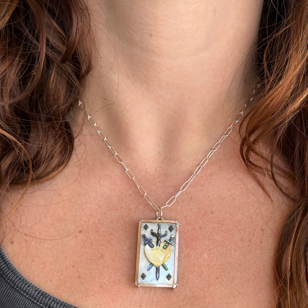 Abalone & Mother-of-Pearl Tarot Card Pendant - "Three of Swords"