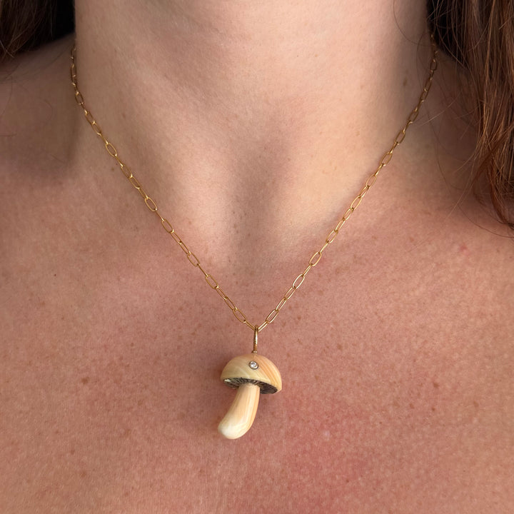 Apricot Conch Shell Mushroom & Diamond Pendant - "Mycena"