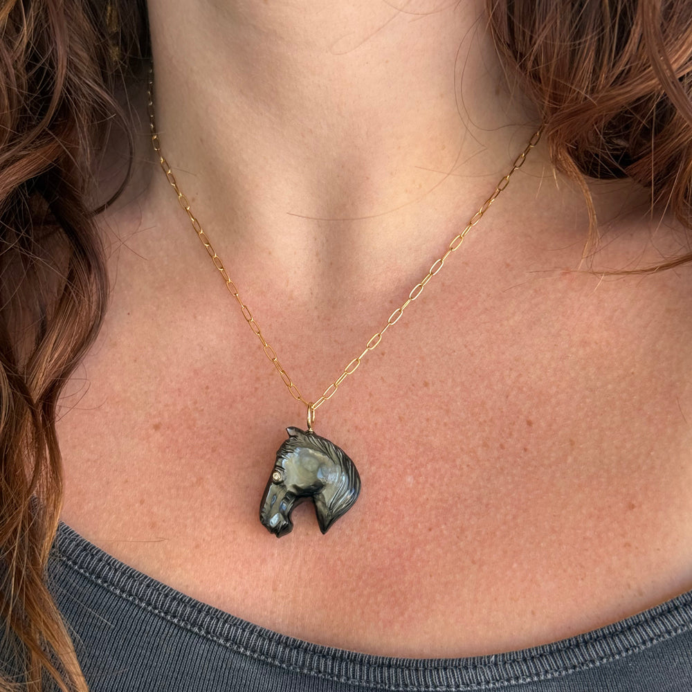 Black Mother-of-Pearl Carved Horse & Diamond Pendant - "Black Beauty"