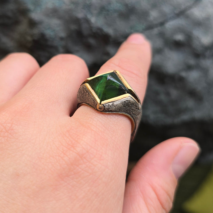 Green Tourmaline Sugarloaf & Diamond Domed Ring - "Glade"