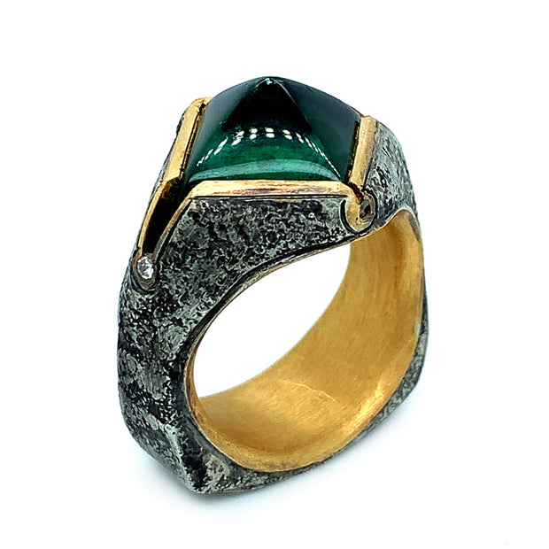 Green Tourmaline Sugarloaf & Diamond Domed Ring - "Glade"