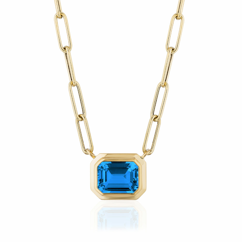 Emerald-Cut Blue Topaz Paperclip Necklace - "Manhattan"