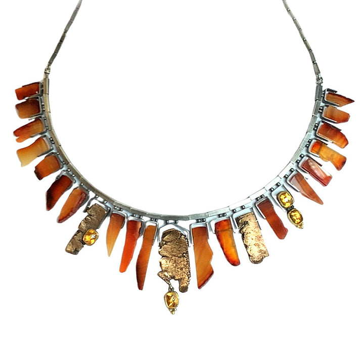 Carnelian, Citrine, Sterling Silver & Bronze Necklace - "Pele"