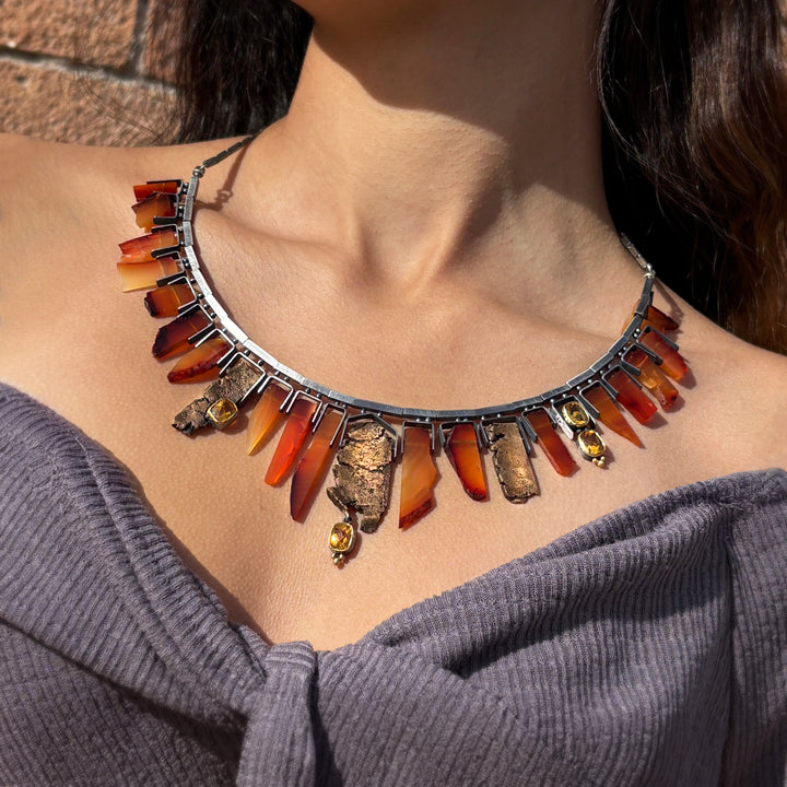 Carnelian, Citrine, Sterling Silver & Bronze Necklace - "Pele"