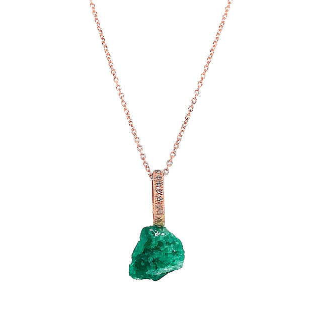 Just Jules Rough Emerald and 14K Rose Gold Diamond Bail Pendant Front Close Up