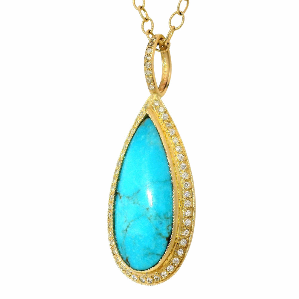 Pear-shaped turquoise pendant with diamond halo and gold bail