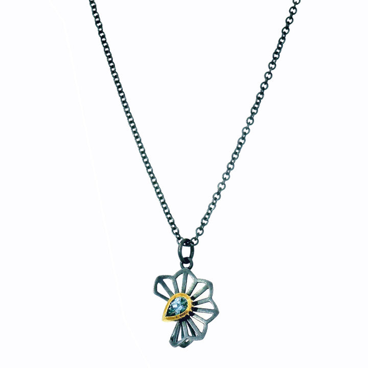 Blue Montana sapphire floral fold necklace in gold and oxidized silver