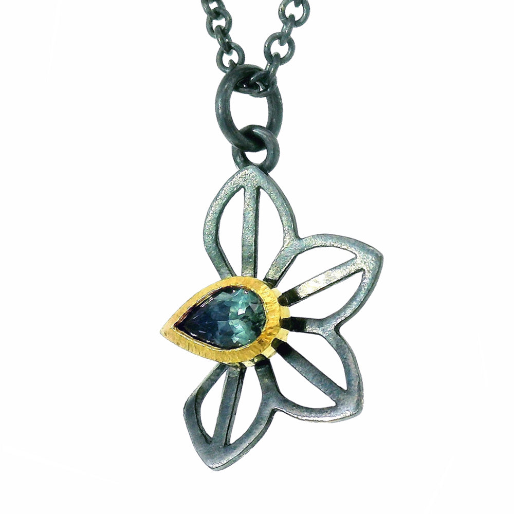 Montana sapphire floral necklace by Karin Jacobson in gold and oxidized silver