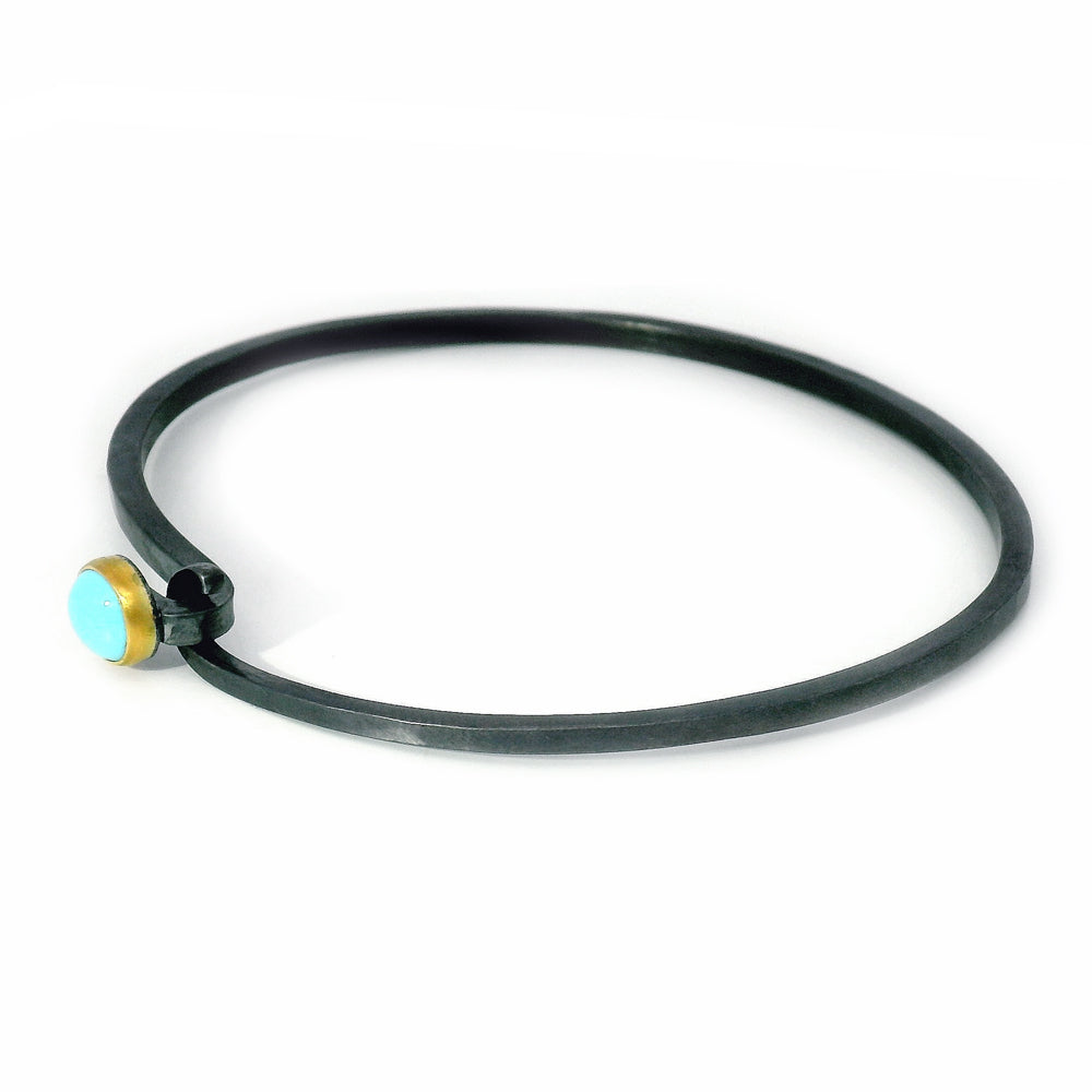 Robin's egg blue turquoise bracelet with oxidized silver and 22K gold bezel