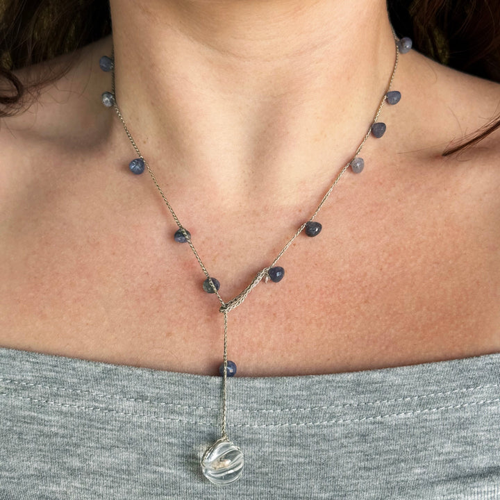 Tanzanite Briolette & Carved Rock Crystal Crocheted Necklace