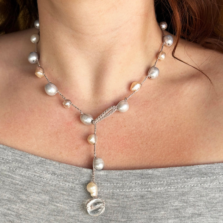 Rose Thorn & Grey Freshwater Pearl Crocheted Necklace