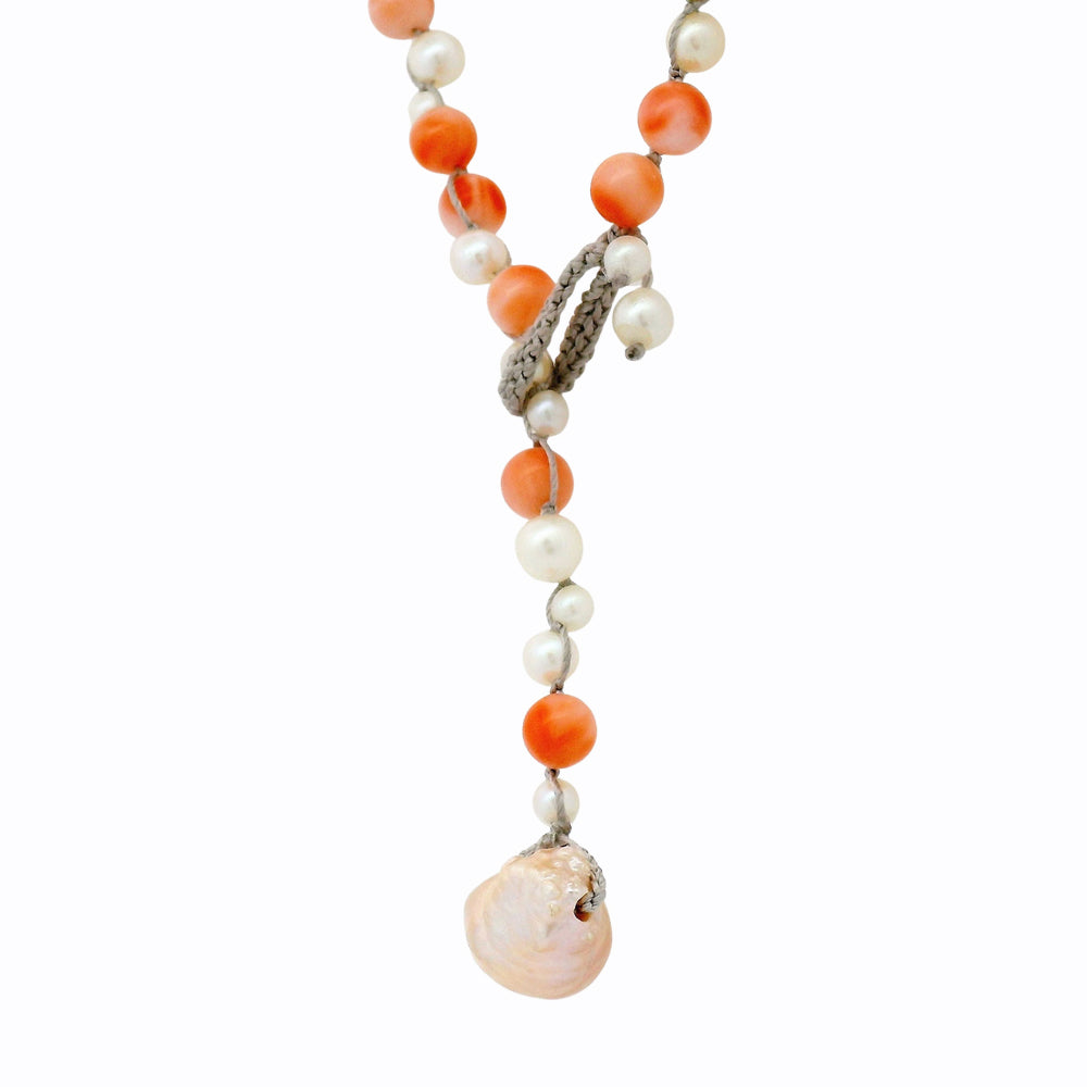 Vintage Angel Skin Coral & Pearl Crocheted Necklace - "Peach Whisper"