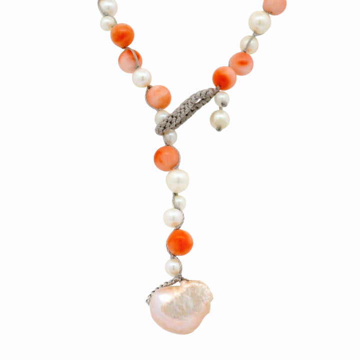 Vintage Angel Skin Coral & Pearl Crocheted Necklace - "Peach Whisper"