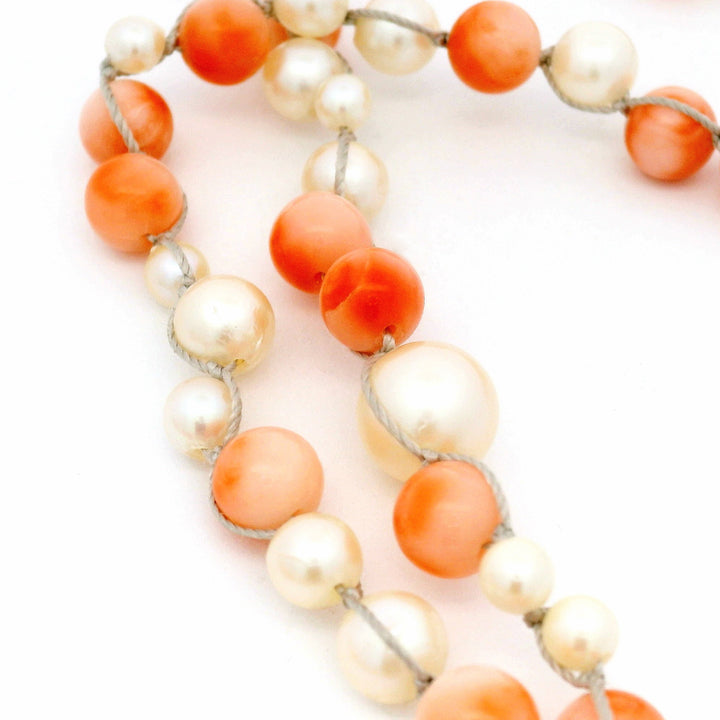 Vintage Angel Skin Coral & Pearl Crocheted Necklace - "Peach Whisper"