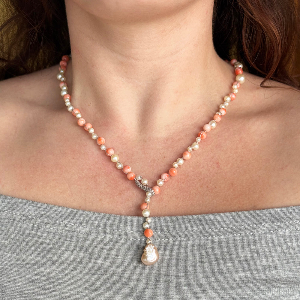 Vintage Angel Skin Coral & Pearl Crocheted Necklace - "Peach Whisper"