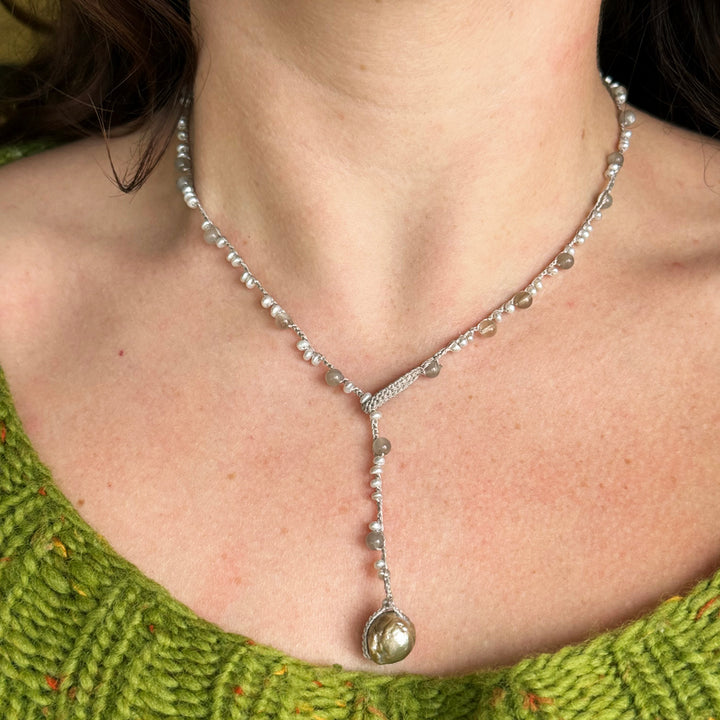Labradorite & Pearl Crocheted Necklace - "Lacy Grey"