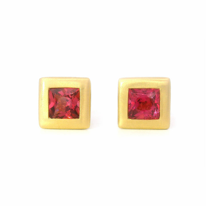 Pink Tourmaline & Yellow Gold Stud Earrings - "Peony"