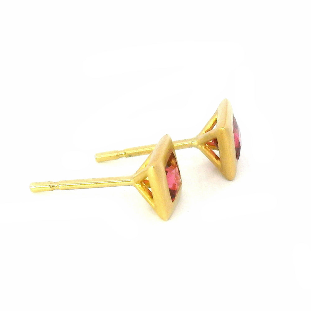 Pink Tourmaline & Yellow Gold Stud Earrings - "Peony"