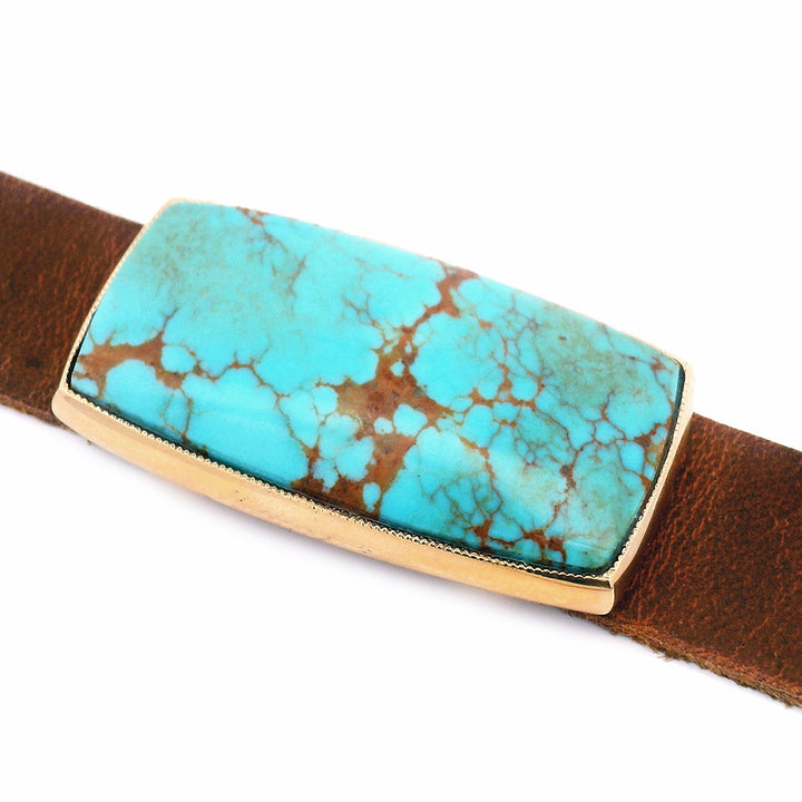 Kingman Turquoise & Yellow Gold Leather Cuff Bracelet - "Cowgirl's Charm"