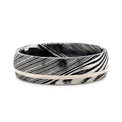 Woodgrain Damascus Steel and White Gold Band