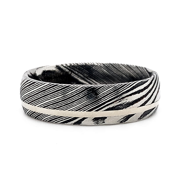 Woodgrain Damascus Steel and White Gold Band