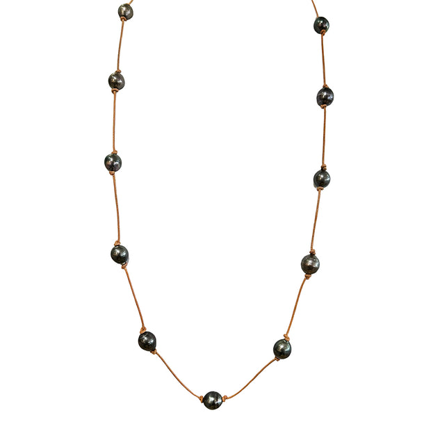 Tahitian Pearl & Leather Necklace - "Peacock"