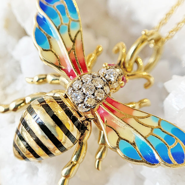 Fired Enamel, Diamond, & Ruby Necklace - "Signature Bee"