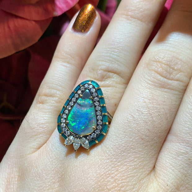 Opal, Diamond, & Enamel Ring - "Glittering Peacock"